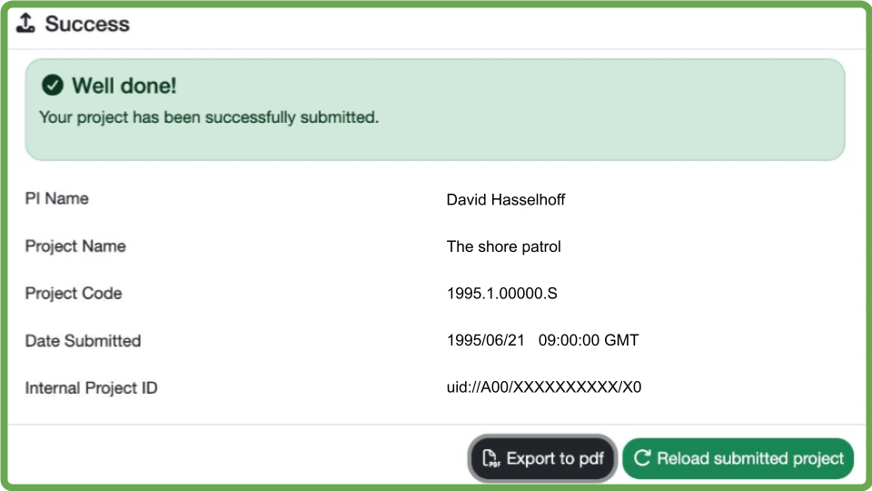 Submission success dialog
